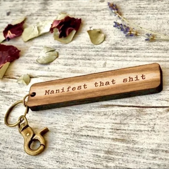 MANIFEST THAT SH** Mantra Style HANDMADE Organic Wood Engraved Keychain Humorous - Picture 1 of 4